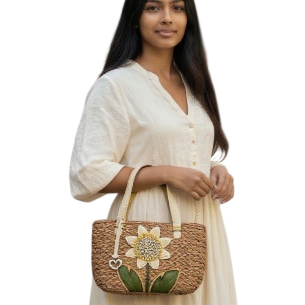 Woven Sunflower Straw Tote Bag in Brown and Cream